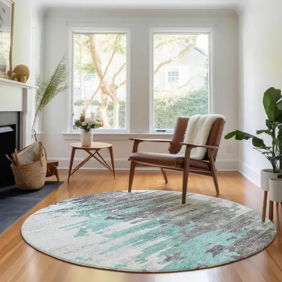 8' Teal Gray And Ivory Abstract Washable Round Rug With UV Protection Photo 5
