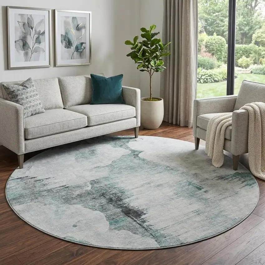 8' Teal Gray And Ivory Abstract Washable Round Rug With UV Protection Photo 1