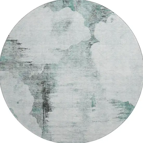 8' Teal Gray And Ivory Abstract Washable Round Rug With UV Protection Photo 4