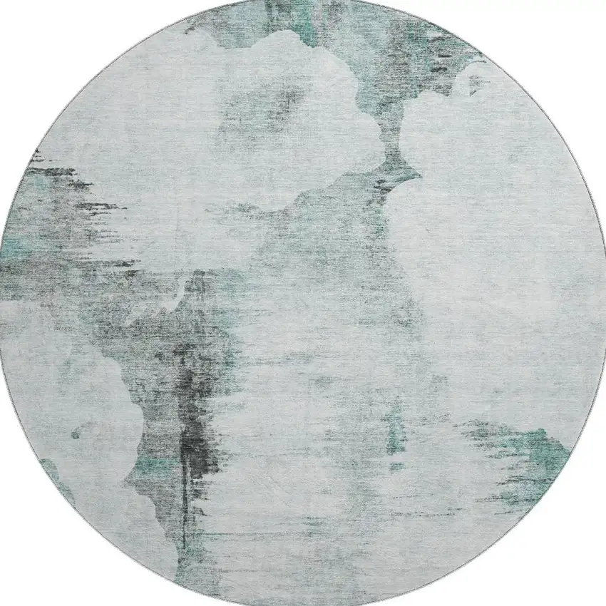 8' Teal Gray And Ivory Abstract Washable Round Rug With UV Protection Photo 4