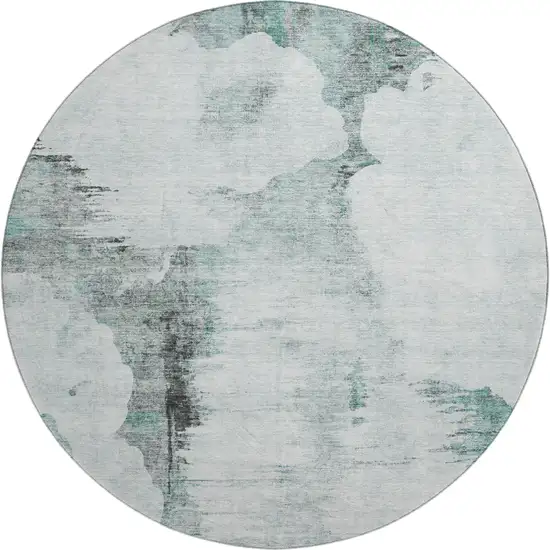 8' Teal Gray And Ivory Abstract Washable Round Rug With UV Protection Photo 1