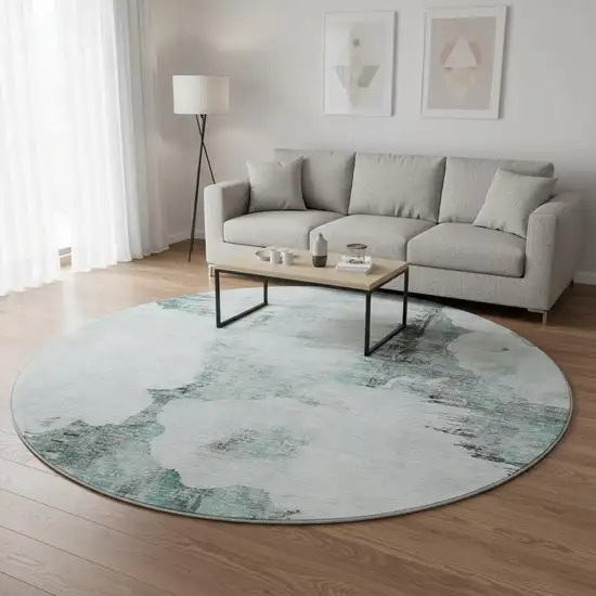 8' Teal Gray And Ivory Abstract Washable Round Rug With UV Protection Photo 2