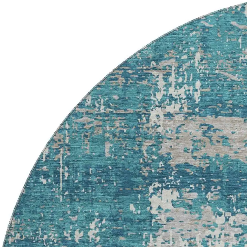 8' Teal Gray And Ivory Abstract Washable Round Rug With UV Protection Photo 2