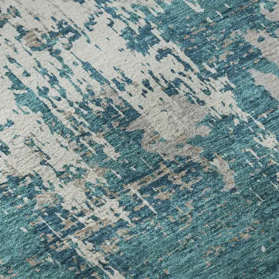 8' Teal Gray And Ivory Abstract Washable Round Rug With UV Protection Photo 8