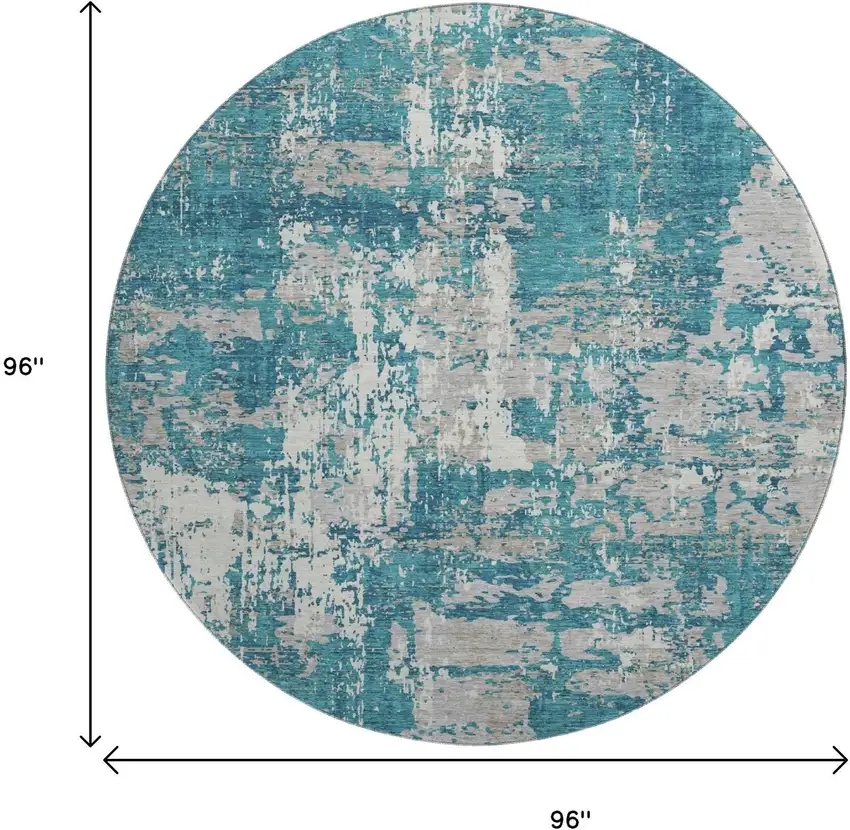 8' Teal Gray And Ivory Abstract Washable Round Rug With UV Protection Photo 9