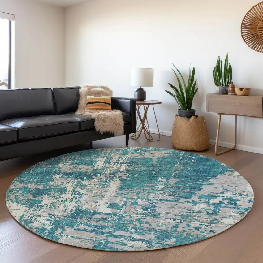 8' Teal Gray And Ivory Abstract Washable Round Rug With UV Protection Photo 4