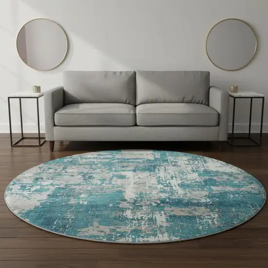 8' Teal Gray And Ivory Abstract Washable Round Rug With UV Protection Photo 2