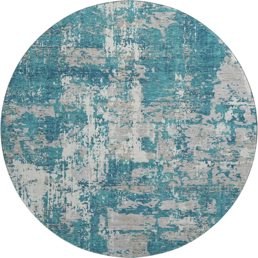 8' Teal Gray And Ivory Abstract Washable Round Rug With UV Protection Photo 1