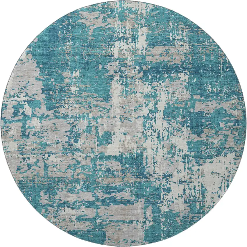 8' Teal Gray And Ivory Abstract Washable Round Rug With UV Protection Photo 3