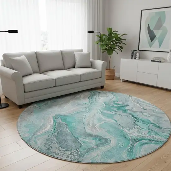 8' Teal Gray And Ivory Abstract Washable Round Rug With UV Protection Photo 2