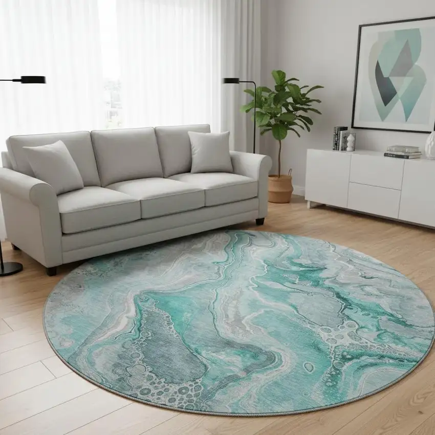 8' Teal Gray And Ivory Abstract Washable Round Rug With UV Protection Photo 2