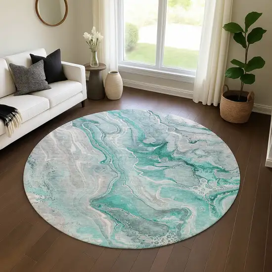 8' Teal Gray And Ivory Abstract Washable Round Rug With UV Protection Photo 4