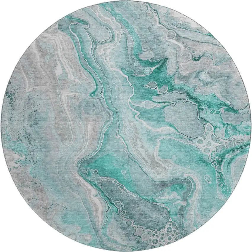 8' Teal Gray And Ivory Abstract Washable Round Rug With UV Protection Photo 1