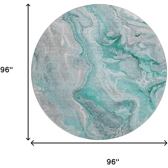 8' Teal Gray And Ivory Abstract Washable Round Rug With UV Protection Photo 9