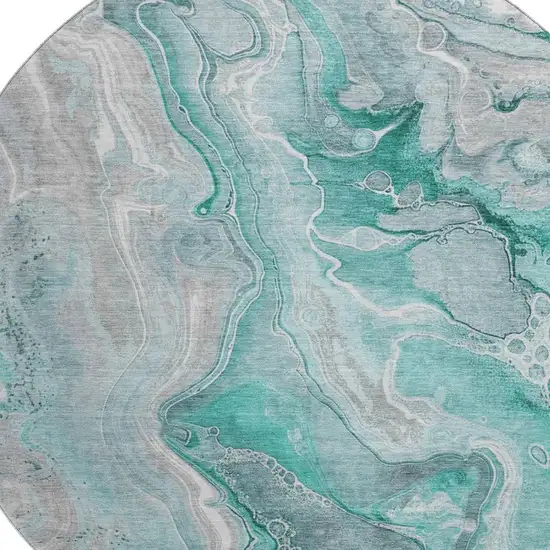 8' Teal Gray And Ivory Abstract Washable Round Rug With UV Protection Photo 2
