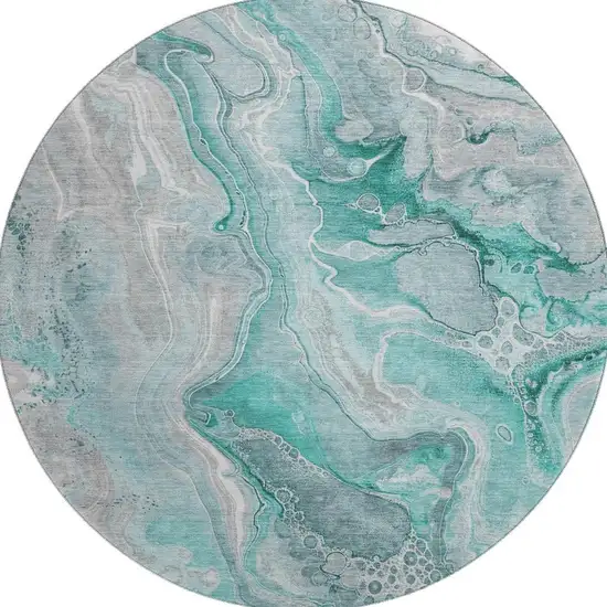 8' Teal Gray And Ivory Abstract Washable Round Rug With UV Protection Photo 3