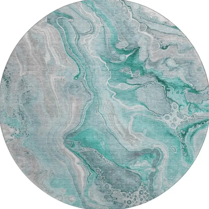 8' Teal Gray And Ivory Abstract Washable Round Rug With UV Protection Photo 3