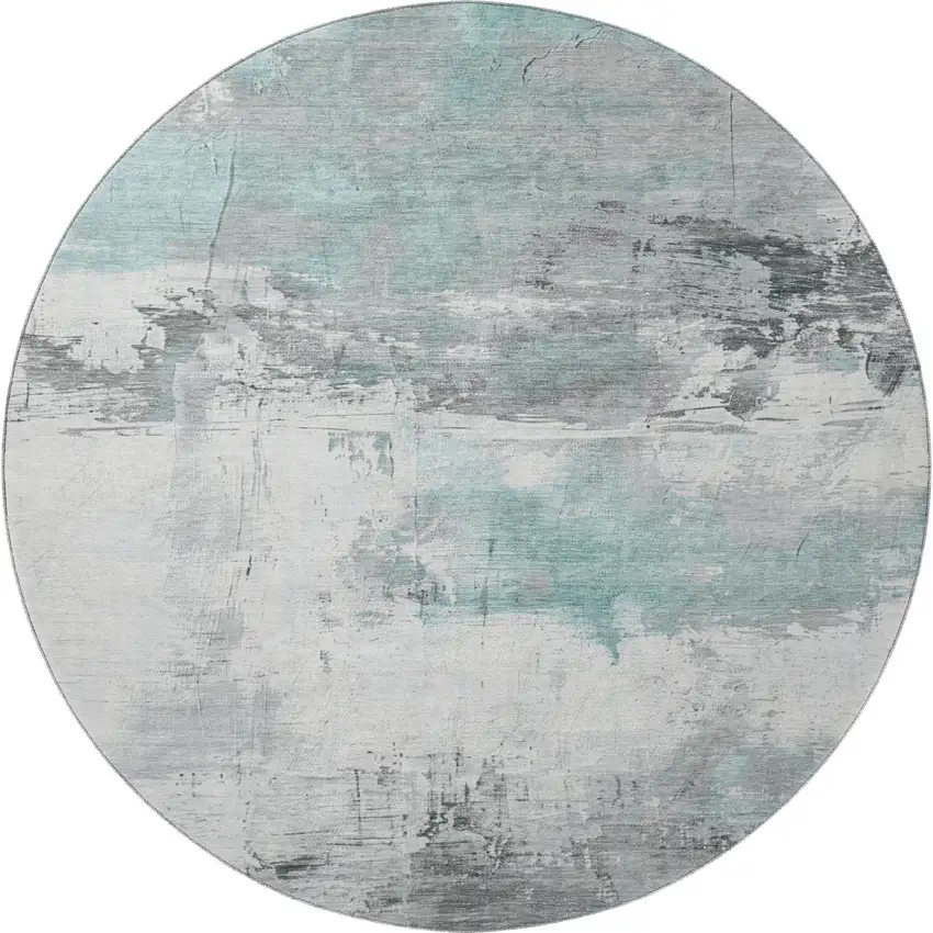 8' Teal Gray And Ivory Abstract Washable Round Rug With UV Protection Photo 3