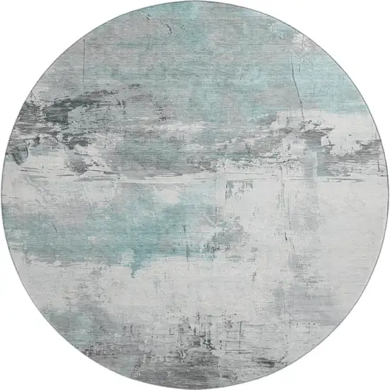 8' Teal Gray And Ivory Abstract Washable Round Rug With UV Protection Photo 1