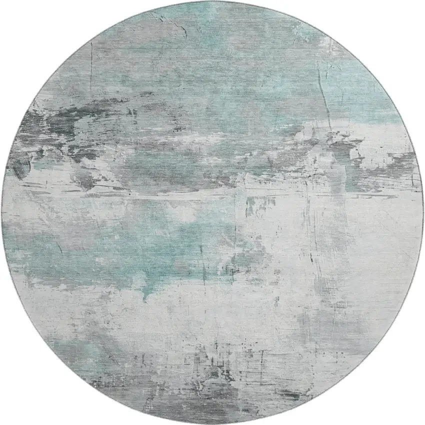 8' Teal Gray And Ivory Abstract Washable Round Rug With UV Protection Photo 1