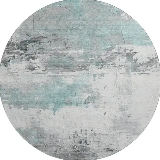 8' Teal Gray And Ivory Abstract Washable Round Rug With UV Protection Photo 2