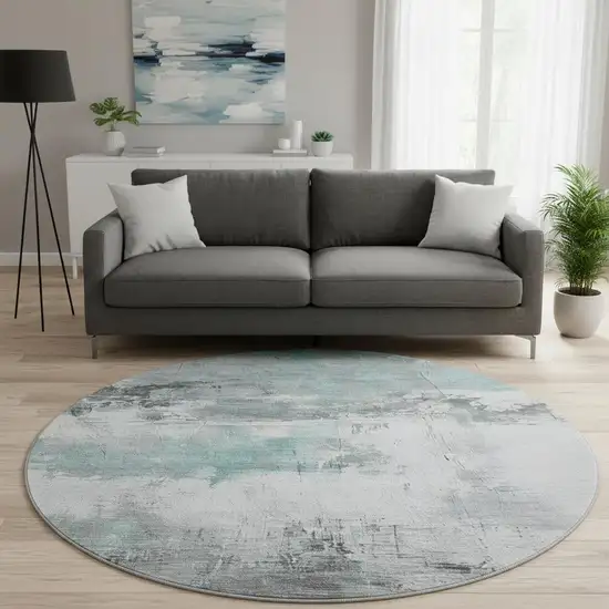 8' Teal Gray And Ivory Abstract Washable Round Rug With UV Protection Photo 2