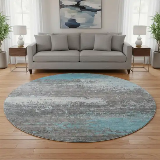 8' Teal Gray And Ivory Abstract Washable Round Rug With UV Protection Photo 2