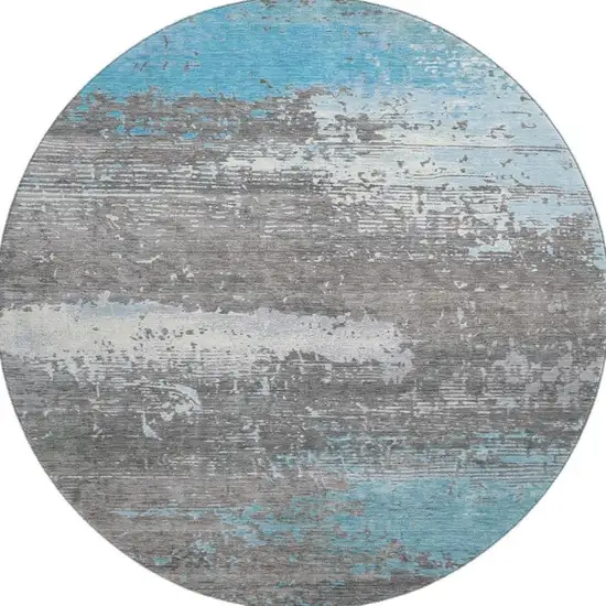 8' Teal Gray And Ivory Abstract Washable Round Rug With UV Protection Photo 3