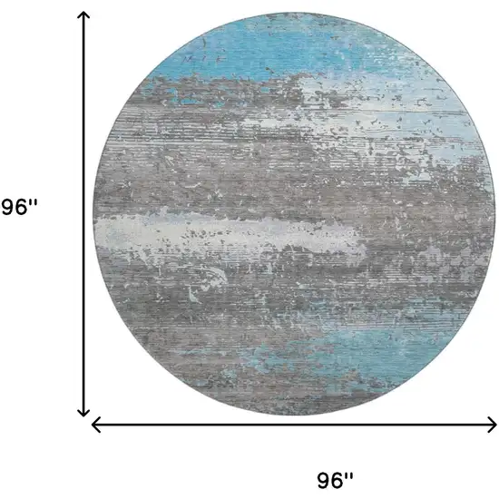 8' Teal Gray And Ivory Abstract Washable Round Rug With UV Protection Photo 9