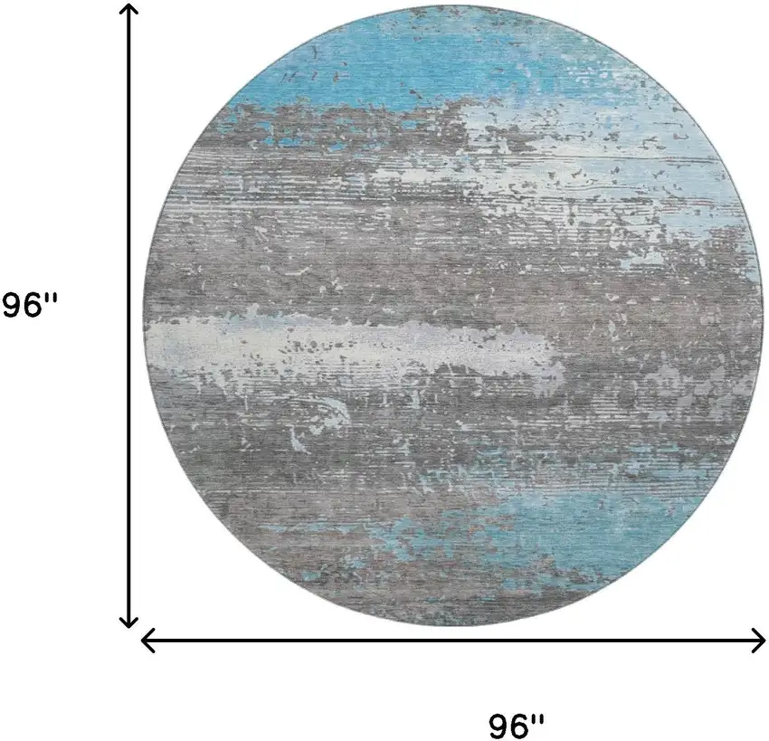 8' Teal Gray And Ivory Abstract Washable Round Rug With UV Protection Photo 9