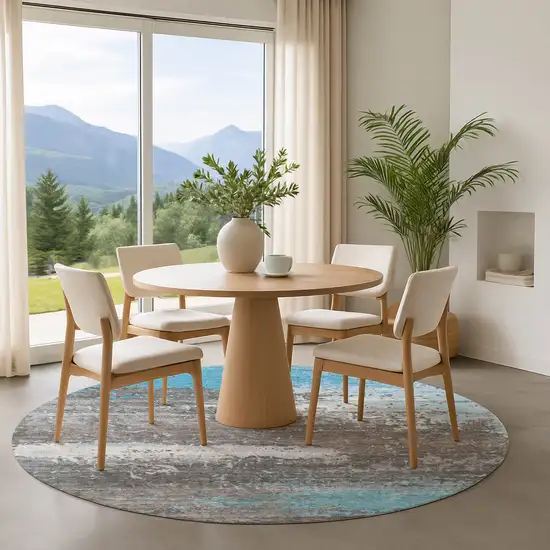 8' Teal Gray And Ivory Abstract Washable Round Rug With UV Protection Photo 4