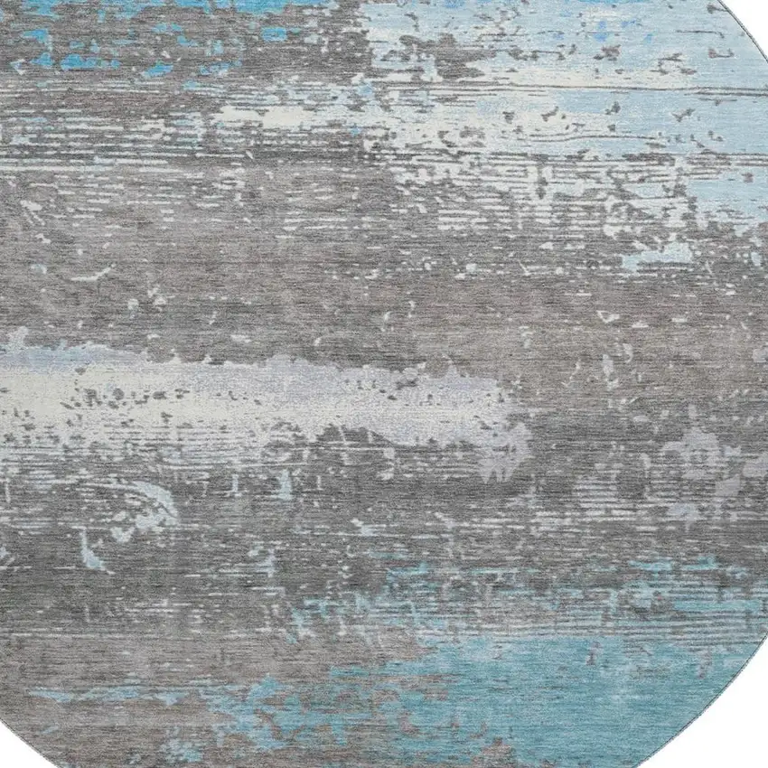 8' Teal Gray And Ivory Abstract Washable Round Rug With UV Protection Photo 2