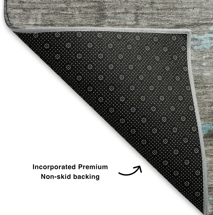 8' Teal Gray And Ivory Abstract Washable Round Rug With UV Protection Photo 5