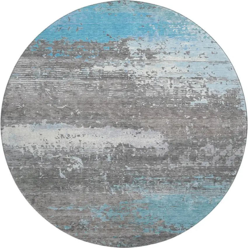 8' Teal Gray And Ivory Abstract Washable Round Rug With UV Protection Photo 1