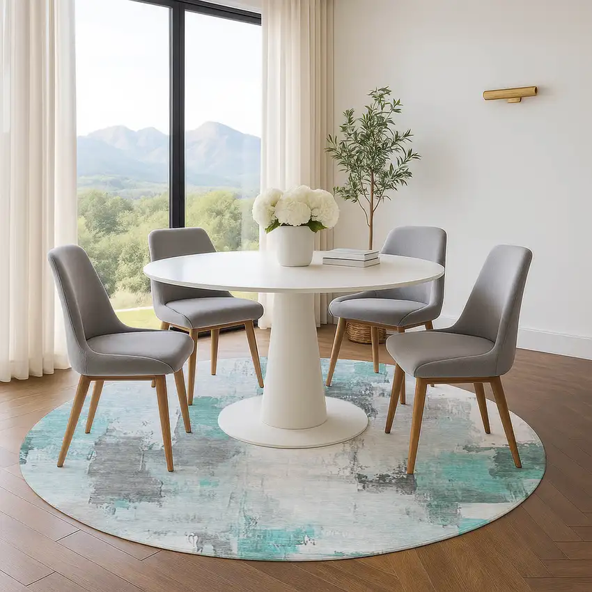 8' Teal Gray And Ivory Abstract Washable Round Rug With UV Protection Photo 5