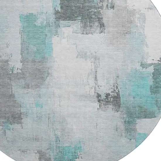 8' Teal Gray And Ivory Abstract Washable Round Rug With UV Protection Photo 3