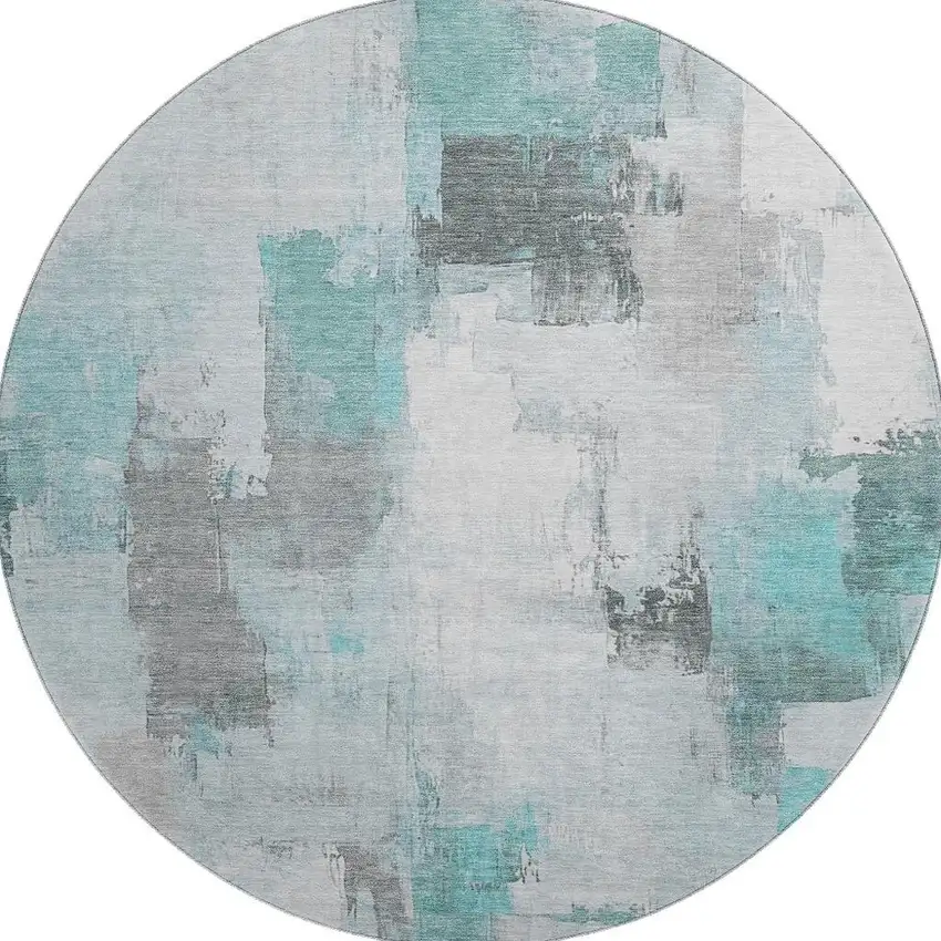 8' Teal Gray And Ivory Abstract Washable Round Rug With UV Protection Photo 4