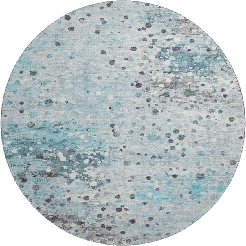 8' Teal Gray And Ivory Abstract Washable Round Rug With UV Protection Photo 1