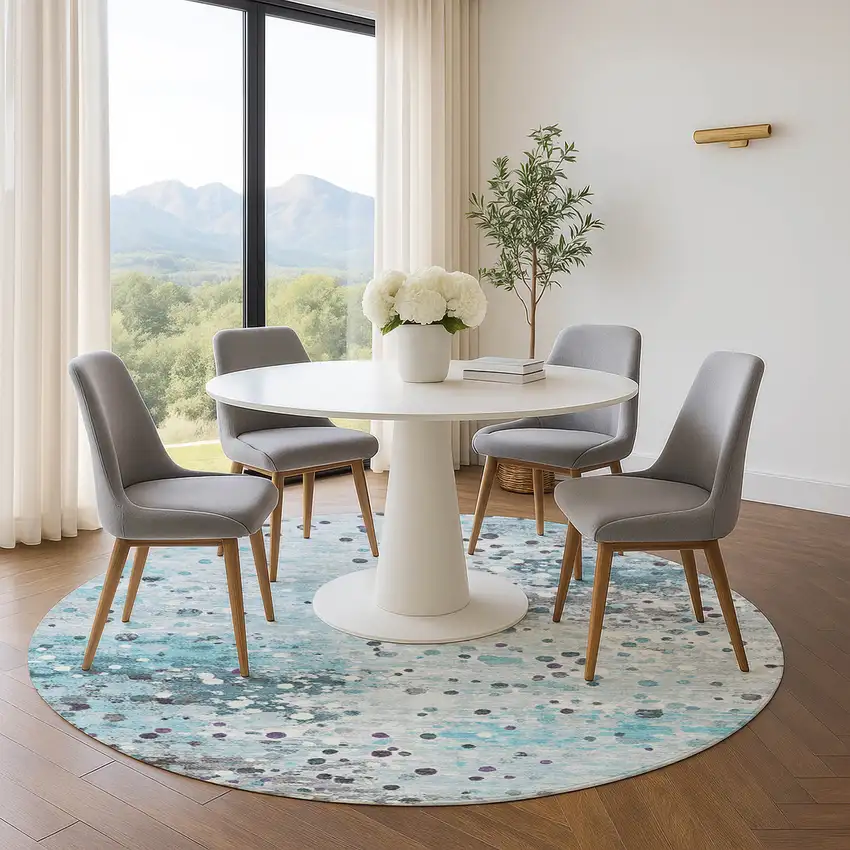 8' Teal Gray And Ivory Abstract Washable Round Rug With UV Protection Photo 5
