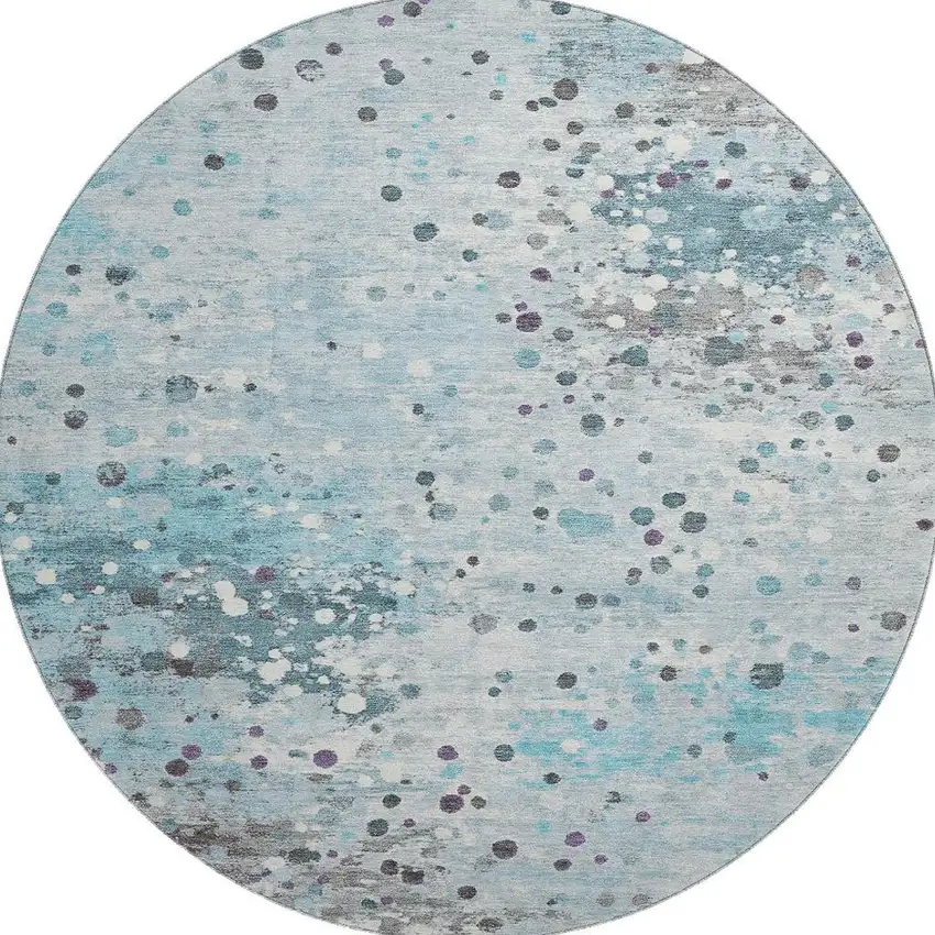 8' Teal Gray And Ivory Abstract Washable Round Rug With UV Protection Photo 4