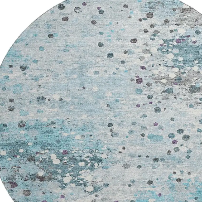 8' Teal Gray And Ivory Abstract Washable Round Rug With UV Protection Photo 3