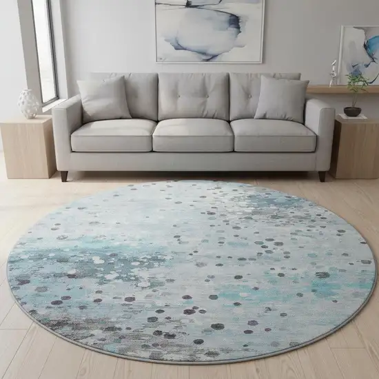 8' Teal Gray And Ivory Abstract Washable Round Rug With UV Protection Photo 2