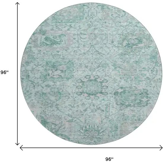 8' Teal Gray And Ivory Damask Washable Round Rug With UV Protection Photo 9
