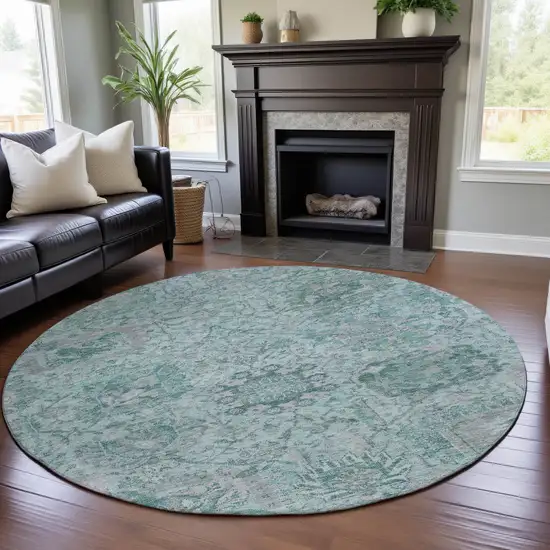 8' Teal Gray And Ivory Damask Washable Round Rug With UV Protection Photo 4