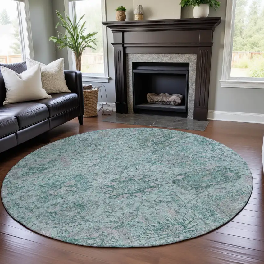 8' Teal Gray And Ivory Damask Washable Round Rug With UV Protection Photo 4