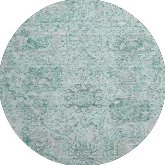 8' Teal Gray And Ivory Damask Washable Round Rug With UV Protection Photo 2