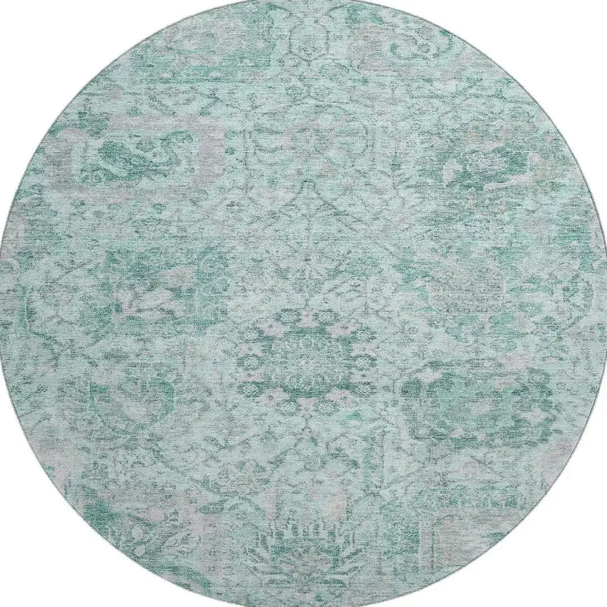 8' Teal Gray And Ivory Damask Washable Round Rug With UV Protection Photo 2