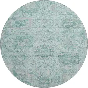 Photo of 8' Teal Gray And Ivory Damask Washable Round Rug With UV Protection