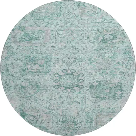 8' Teal Gray And Ivory Damask Washable Round Rug With UV Protection Photo 1