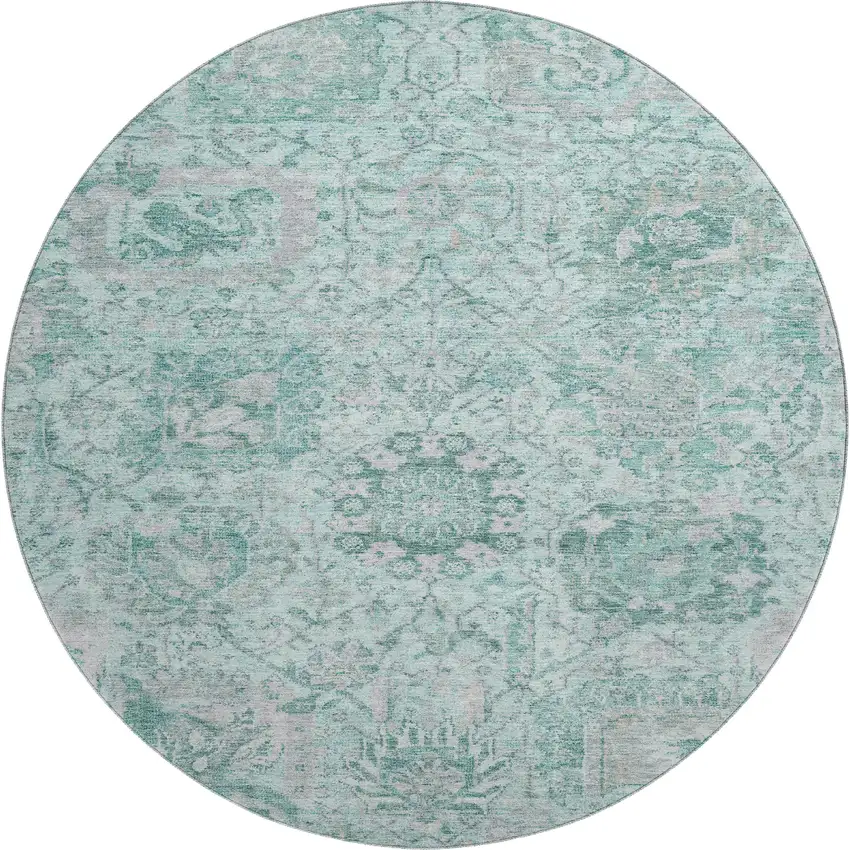 8' Teal Gray And Ivory Damask Washable Round Rug With UV Protection Photo 1